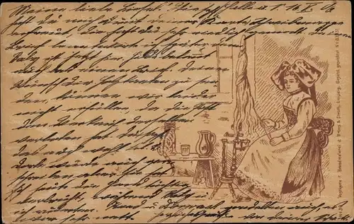 Ak Frau in Elsässer Volkstracht am Spinnrad