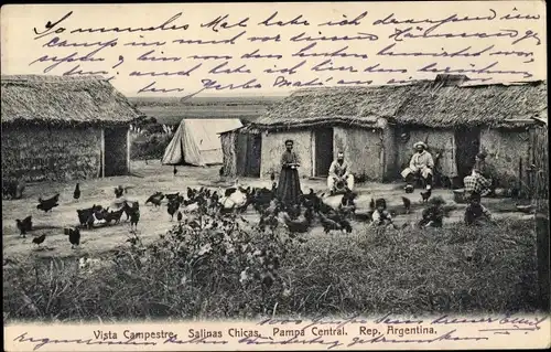 Ak Argentinien, Vista Campestre, Salinas Chicas, Pampa Central, Hühner, Hütten