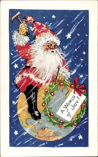 Ak Glückwunsch Weihnachten, Weihnachtsmann nagelt Stechpalmenkranz an die Weltkugel