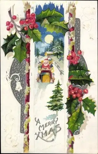 Winter Präge Litho Glückwunsch Weihnachten, Weihnachtsmann im Auto, Stechpalmenzweige