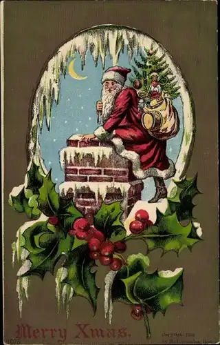 Winter Präge Litho Glückwunsch Weihnachten, Weihnachtsmann steigt in den Schornstein, Geschenke