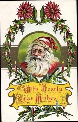 Winter Präge Litho Glückwunsch Weihnachten, Weihnachtsmann, Stechpalmenzweig, Christrose, Kerzen