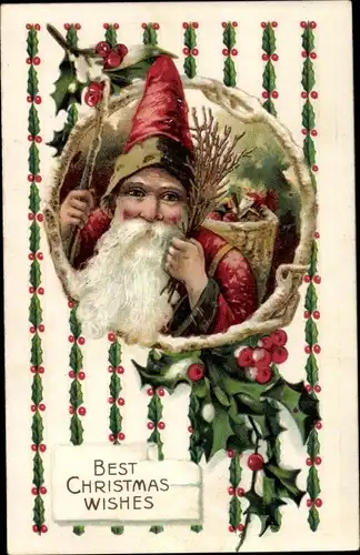 Ak Glückwunsch Weihnachten, Weihnachtsmann mit Rückentrage und Rute, Stechpalmenzweige