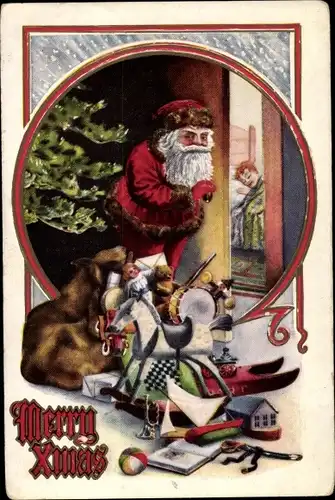 Präge Ak Glückwunsch Weihnachten, Weihnachtsmann an einer Tür, Kind im Bett, Spielzeuge
