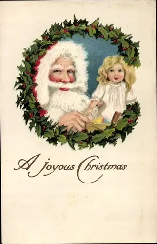 Ak Glückwunsch Weihnachten, Weihnachtsmann mit Puppe, Stechpalmenkranz