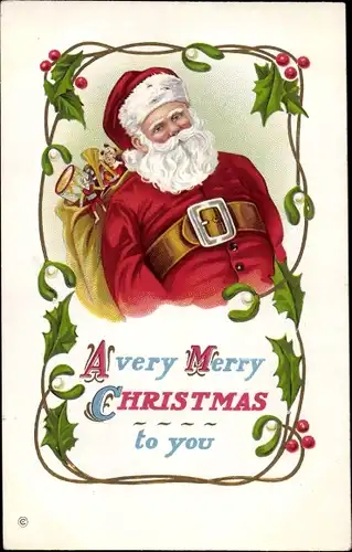Ak Glückwunsch Weihnachten, Weihnachtsmann, Geschenkesack, Misteln, Stechpalmenzweige