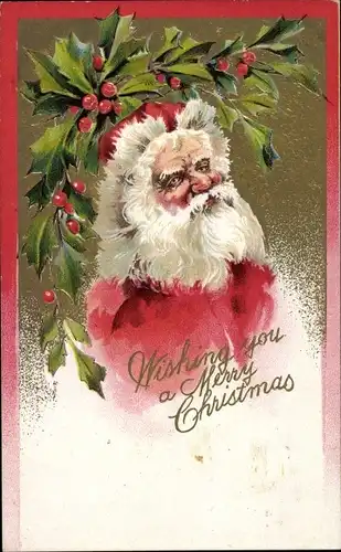 Ak Glückwunsch Weihnachten, Stechpalmenzweige, Weihnachtsmann