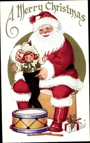 Ak Glückwunsch Weihnachten, Weihnachtsmann füllt Strumpf mit Puppe, Trommel, Geschenk