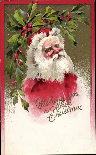 Ak Glückwunsch Weihnachten, Weihnachtsmann unter Stechpalmenzweigen