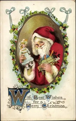 Präge Ak Glückwunsch Weihnachten, Weihnachtsmann mit Puppe, Geschenke, Stechpalmenzweige