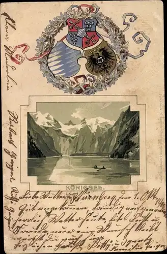 Präge Wappen Litho Schönau am Königssee Oberbayern, Blick über den Königssee