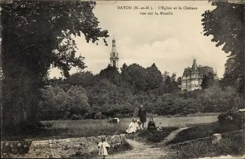 Ak Bayon Meurthe et Moselle, L'Eglise et le Chateau, vue sur la Moselle