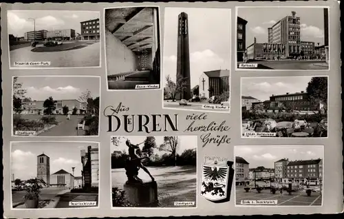 Ak Düren im Rheinland, Rathaus, Kirche, Stadtpark, Hallenbad, Stadthalle