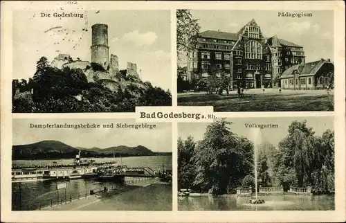 Ak Bad Godesberg Bonn am Rhein, Godesburg, Pädagogium, Dampferlandungsbrücke, Volksgarten