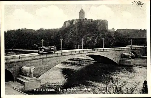 Ak Halle an der Saale, Burg Giebichenstein, Straßenbahn