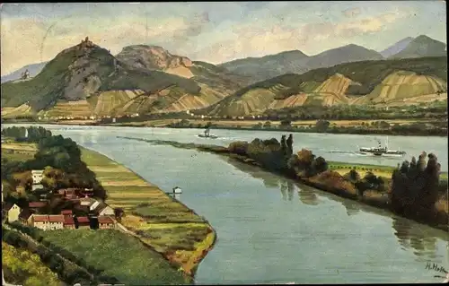 Ak Mainz am Rhein, Siebengebirge mit dem Drachenfels und Insel Nonnenwerth