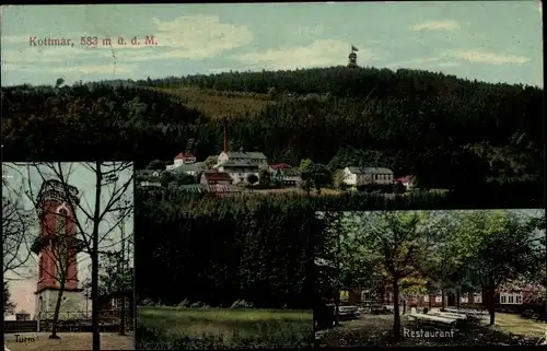 Ak Kottmar in Sachsen, Gesamtansicht von Ort und Berg, Aussichtsturm, Restaurant Garten