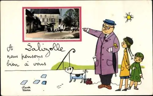 Künstler Ak Allier, Stadtansicht, Mann zeigt auf ein Bild, Kinder, Hund, Sonne, Spielzeug