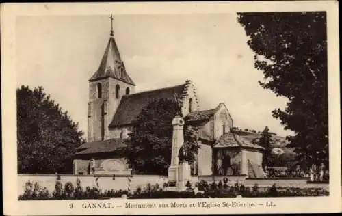 Ak Gannat Allier, Monument aux Morts, L'Eglise St. Etienne