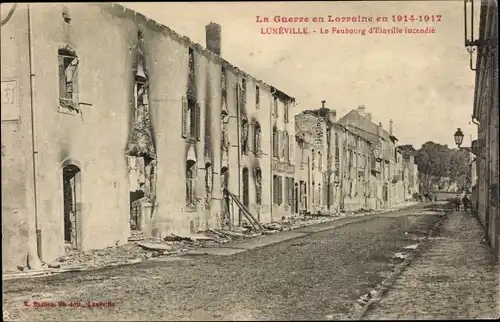 Ak Luneville Meurthe et Moselle, Le Faubourg d'Einville incendie, I. WK