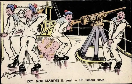 Künstler Ak Nos Marins a bord, un fameux coup, Seeleute, französisches Kriegsschiff