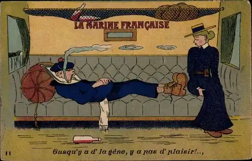 Ak La Marine Francaise, schlafender französischer Seemann im Zugabteil