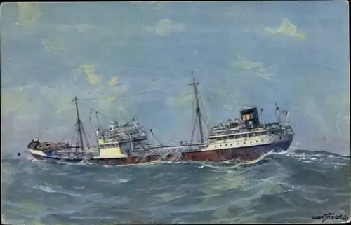 Künstler Ak Sebille, A., Petrolier par gros temps en Mediterranee, Tanker