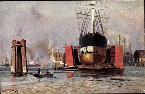 Künstler Ak Dampfer im Dock, Passagierschiff, Werft