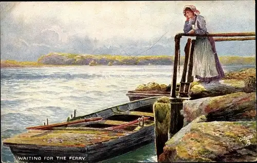 Künstler Ak Waiting for the ferry, Frau wartet auf Fähre