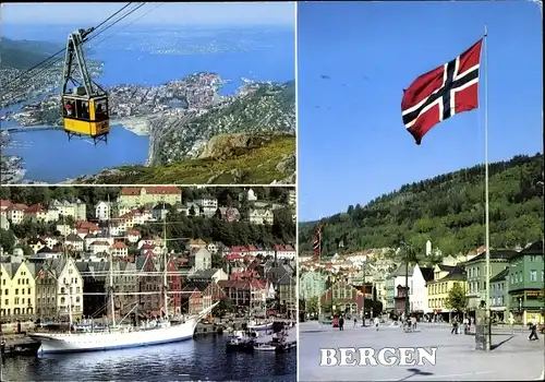 Ak Bergen Norwegen. Seilbahn, Passagierschiff, Norwegische Fahne