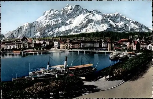 Ak Lucerne Luzern Stadt Schweiz, Panorama mit Pilatus, Dampfer