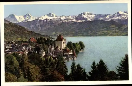 Ak Oberhofen am Thunersee Kanton Bern, Panorama, Eiger, Mönch, Jungfrau, Schwalmern, First