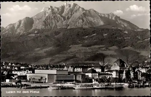 Ak Luzern Stadt Schweiz, Panorama mit Pilatus, Dampfer