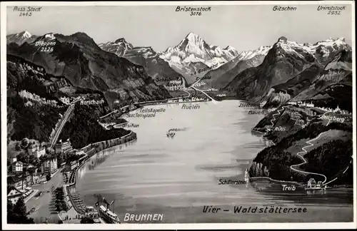 Ak Brunnen Kt. Schwyz Schweiz, Vierwaldstättersee, Flüelen, Treib, Seelisberg