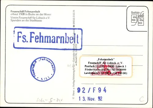 Ak Feuerschiff Fehmarnbelt, Verein Feuerschiff für Lübeck eV