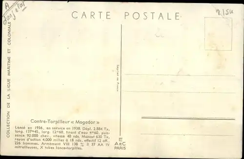 Künstler Ak Französisches Kriegsschiff X 62, Contre Torpilleur Mogador, Ligue Maritime et Coloniale