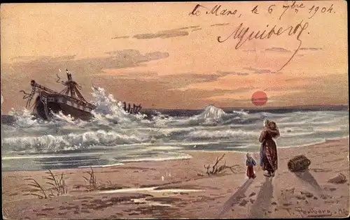 Künstler Ak Perlberg, F., Schiffswrack vor der Küste, Frau, Kinder