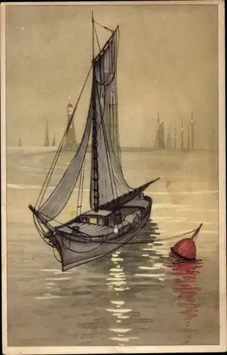 Künstler Ak Segelboot, Boje, Leuchtturm