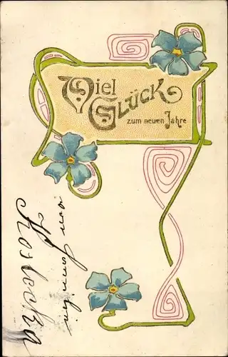 Jugendstil Ak Glückwunsch Neujahr, Blüten, blaue Blumen