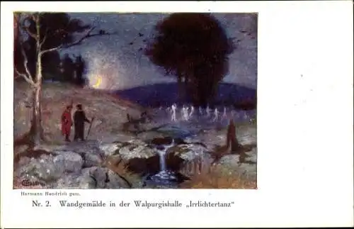 Künstler Ak Heidrich, Hermann, Thale im Harz, Wangemälde Walpurgishalle, Irrlichtertanz, No. 2