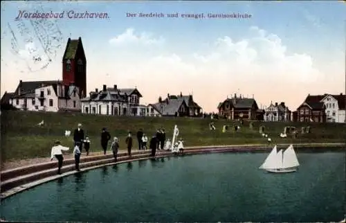 Ak Nordseebad Cuxhaven, Der Seedeich und evangelische Garnisonkirche, Modellboot