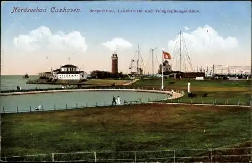 Ak Nordseebad Cuxhaven, Seepavillon, Leuchtturm, Telegraphengebäude
