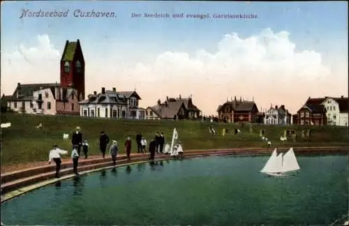 Ak Nordseebad Cuxhaven, Der Seedeich und evangelische Garnisonkirche, Modellboot