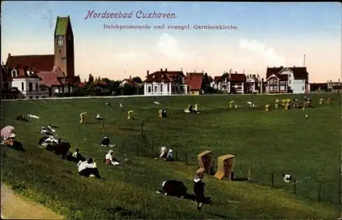 Ak Nordseebad Cuxhaven, Deichpromenade und evangelische Garnisonkirche