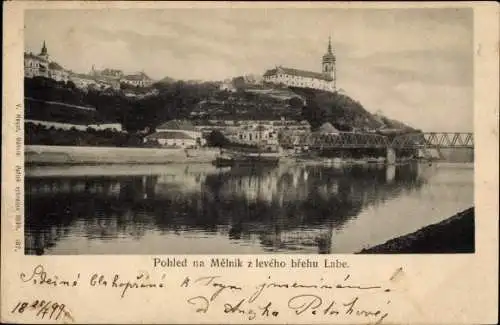 Ak Mělník Mittelböhmen, Stadtpanorama von der Elbe aus, Brücke