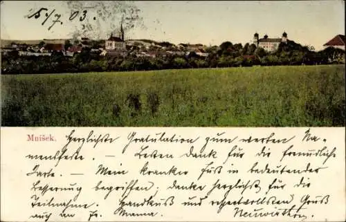 Ak Mníšek pod Brdy Mnischek Mittelböhmen, Panorama, Schloss, Kirche