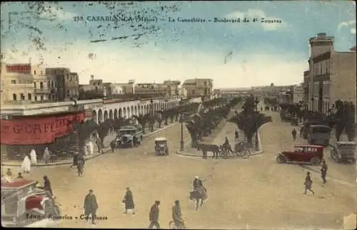 Ak Casablanca Marokko, La Cannebière, Boulevard du 4e Zouaves, Cafe