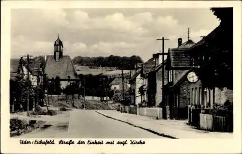 Ak Uder im Eichsfeld Thüringen, Straße der Einheit, Evgl. Kirche