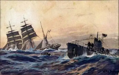 Künstler Ak Stöwer, Willy, Französische Bark wird durch deutsches U-Boot in Atlantik versenkt