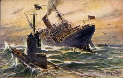 Künstler Ak Stöwer, Willy, Vernichtung eines englischen Handelsdampfers durch ein deutsches U-Boot